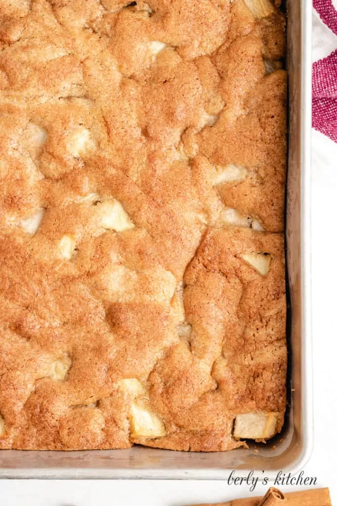 A close-up view of the baked cake in the pan.