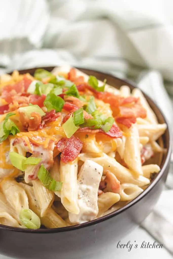 Chicken bacon ranch pasta in a bowl.