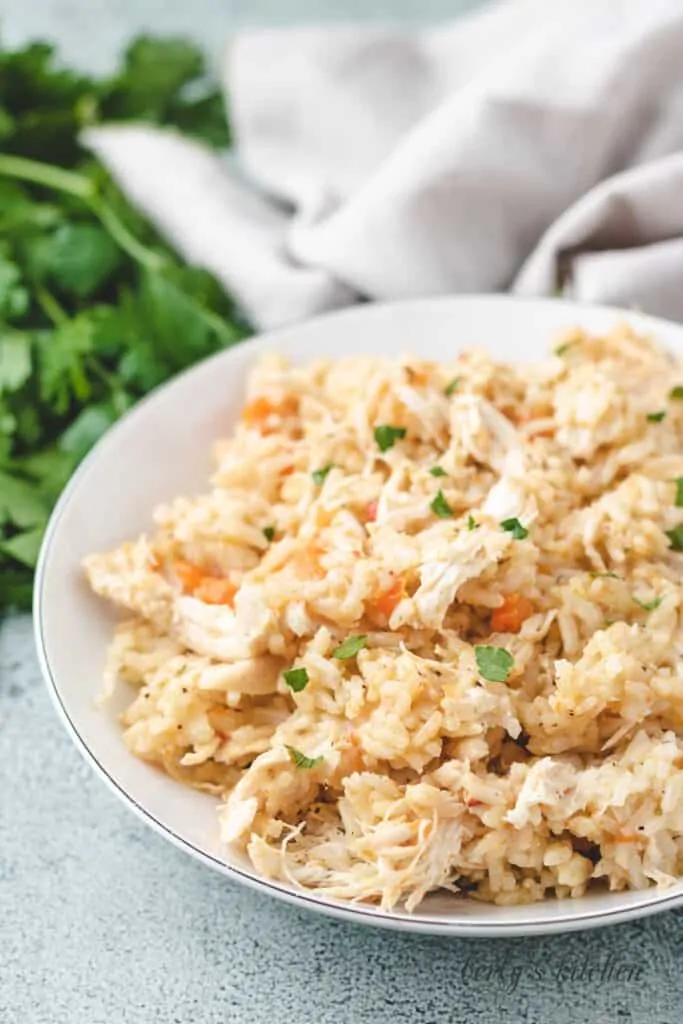 Rice with parsley in a white bowl.