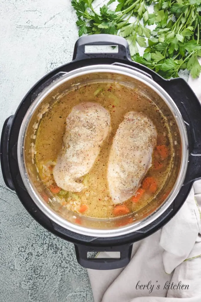 Chicken breast in broth in the instant pot.