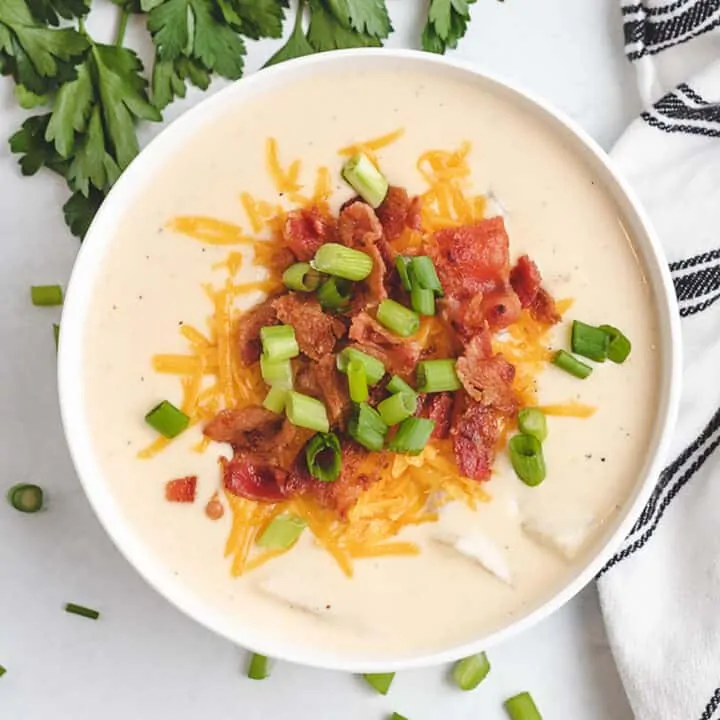 An aerial view of the finished loaded potato soup recipe.