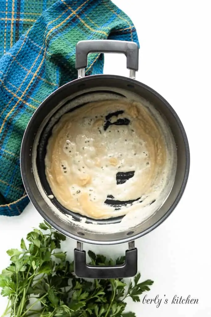 Butter and flour cooking in a saucepan.