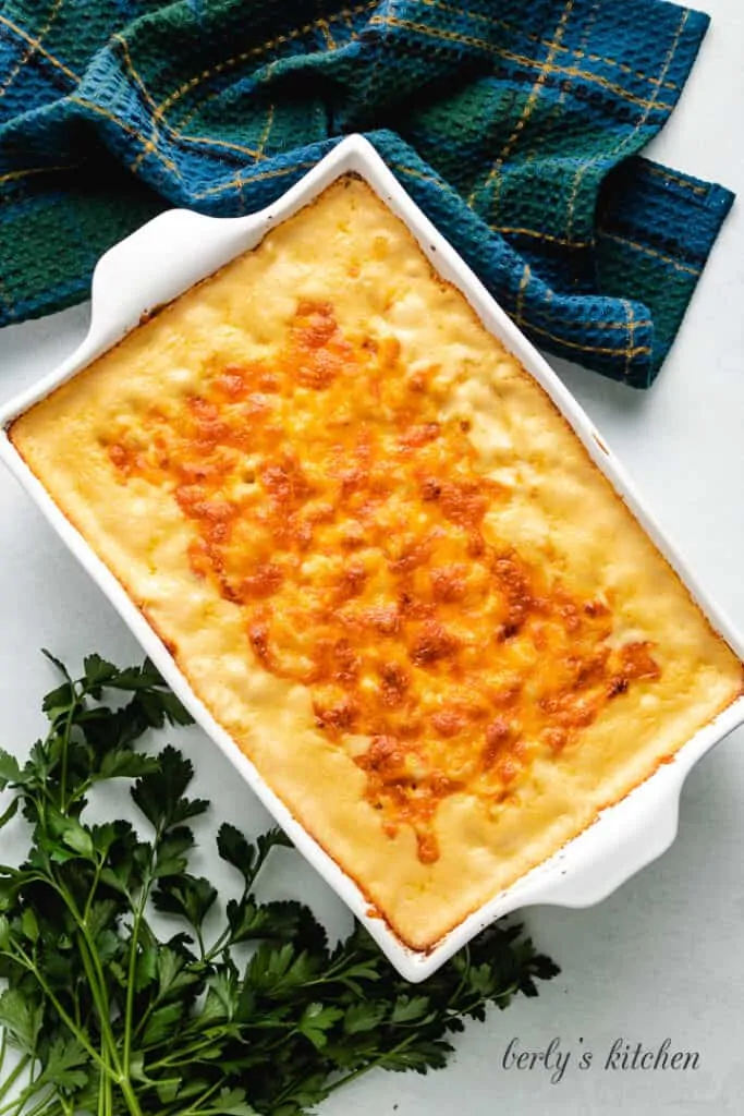 Aerial view of the cheesy pasta in a casserole dish.