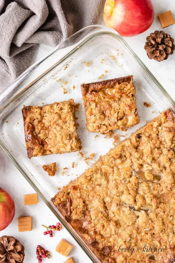 An aerial view of the dessert bars in the baking dish.