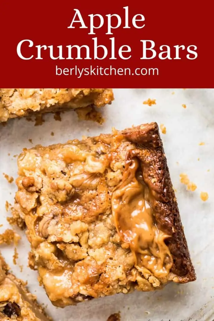 Top-down view of a baked apple crumble bar.