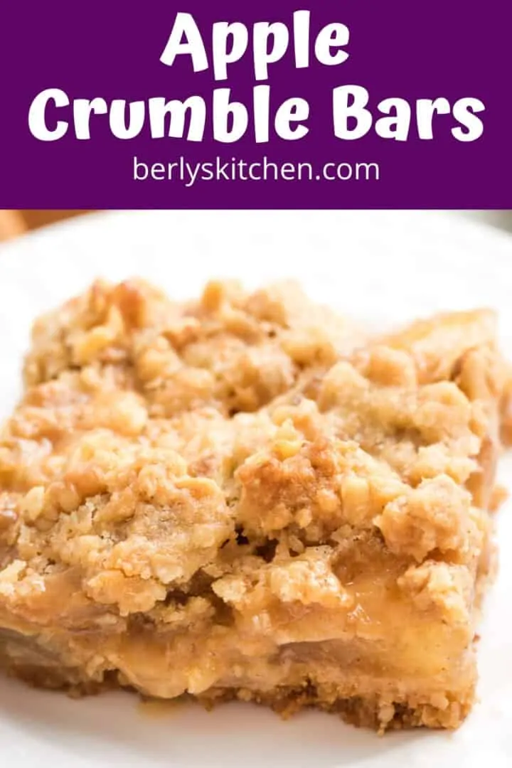 A close-up view of an apple caramel crumble bar.