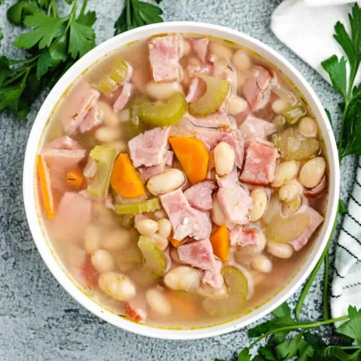 An aerial view of the finished great northern bean soup.