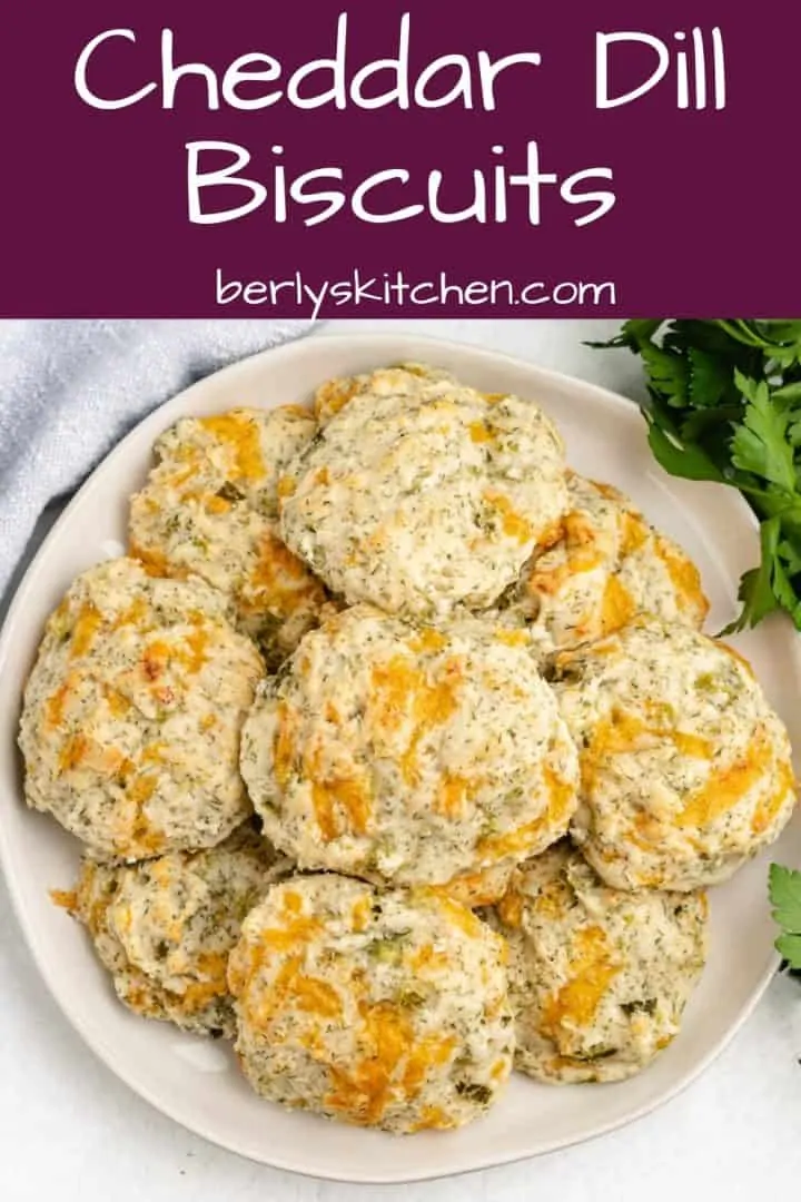 An aerial view of the cheddar dill biscuits on a plate.