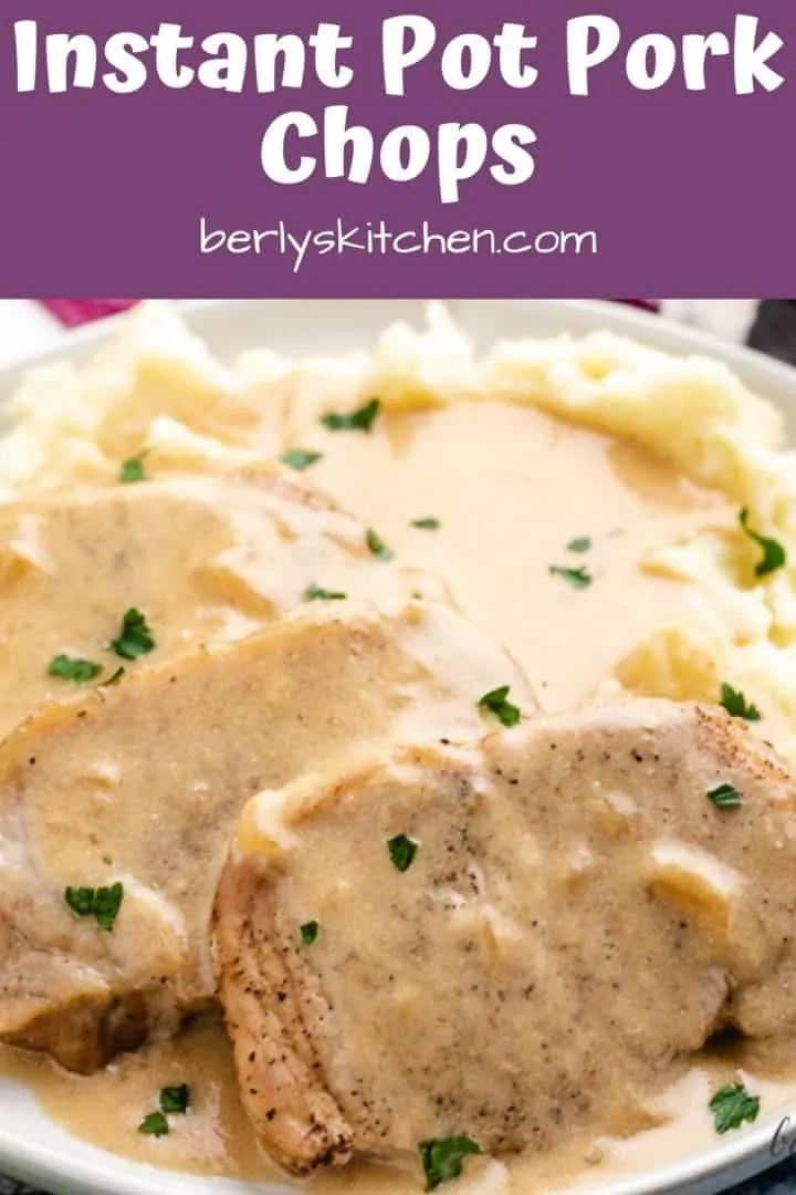 Instant pot pork chops served with sour cream sauce and mashed potatoes.