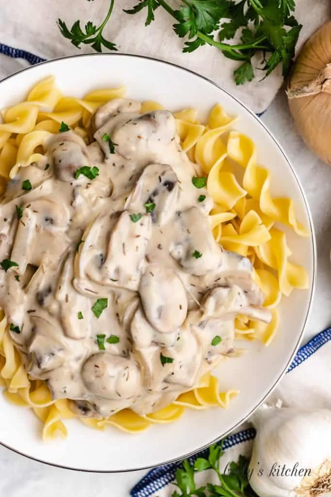 Top-down view of the creamy mushroom pasta.