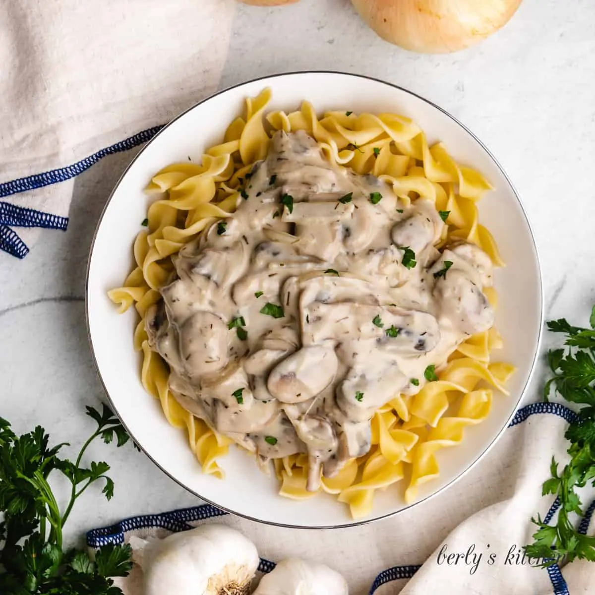 An aerial view of the mushroom stroganoff.