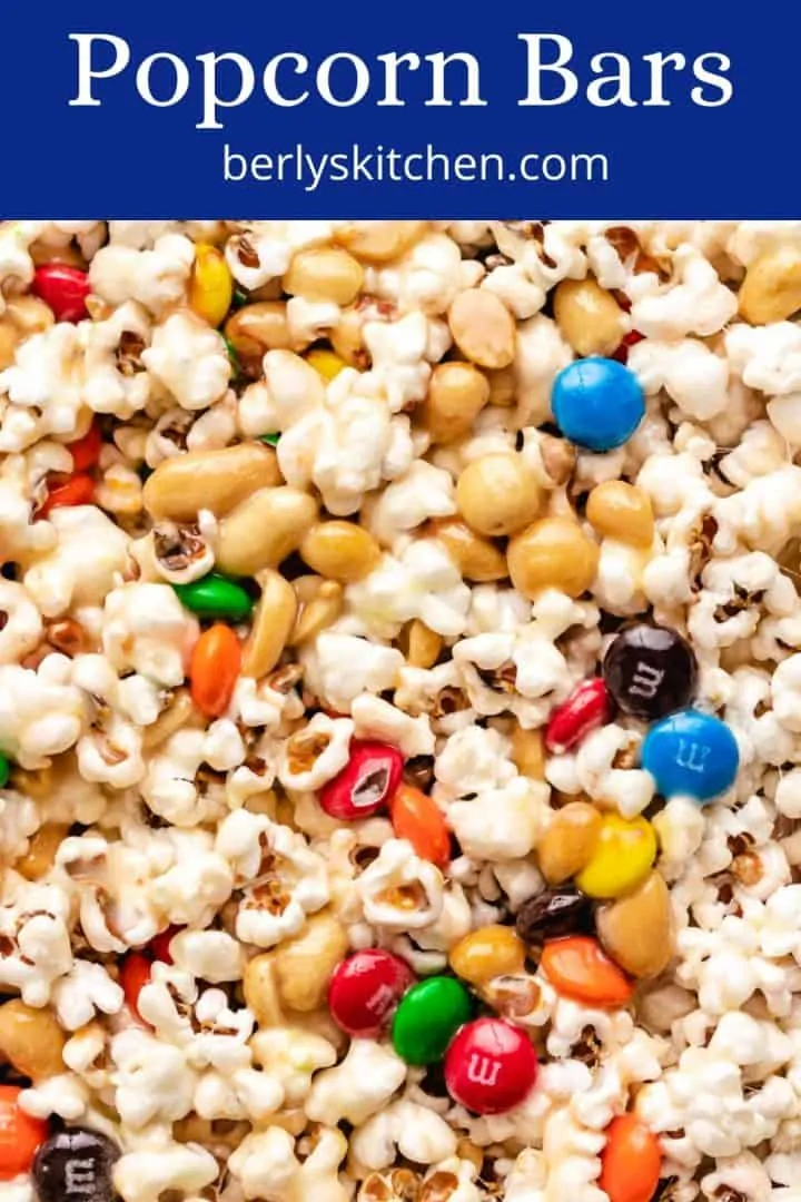 A close-up view of the popcorn bars cooling in a dish.