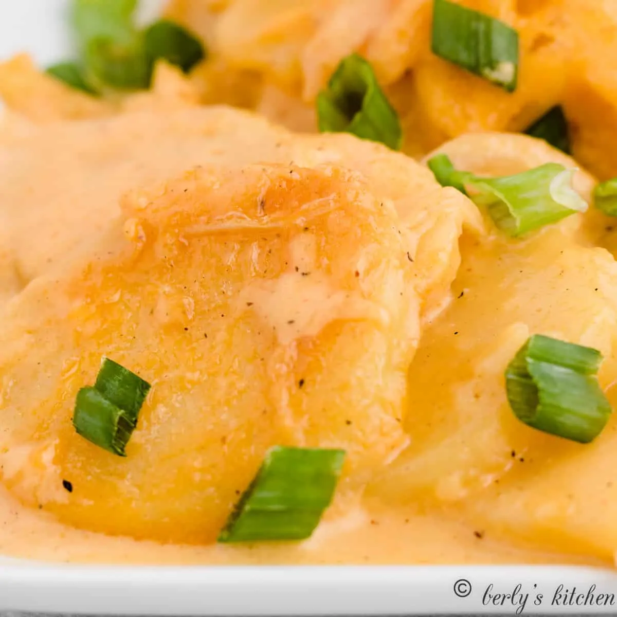 Creamy scalloped potatoes garnished with green onions.