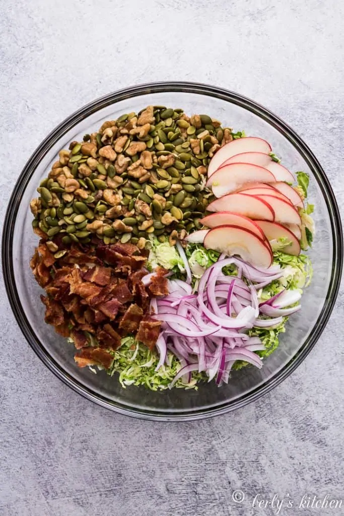 The salad ingredients in a large mixing bowl.