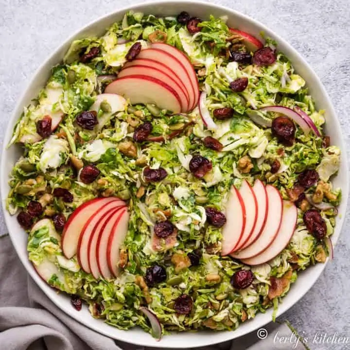 An aerial view of the shaved brussel sprout salad.