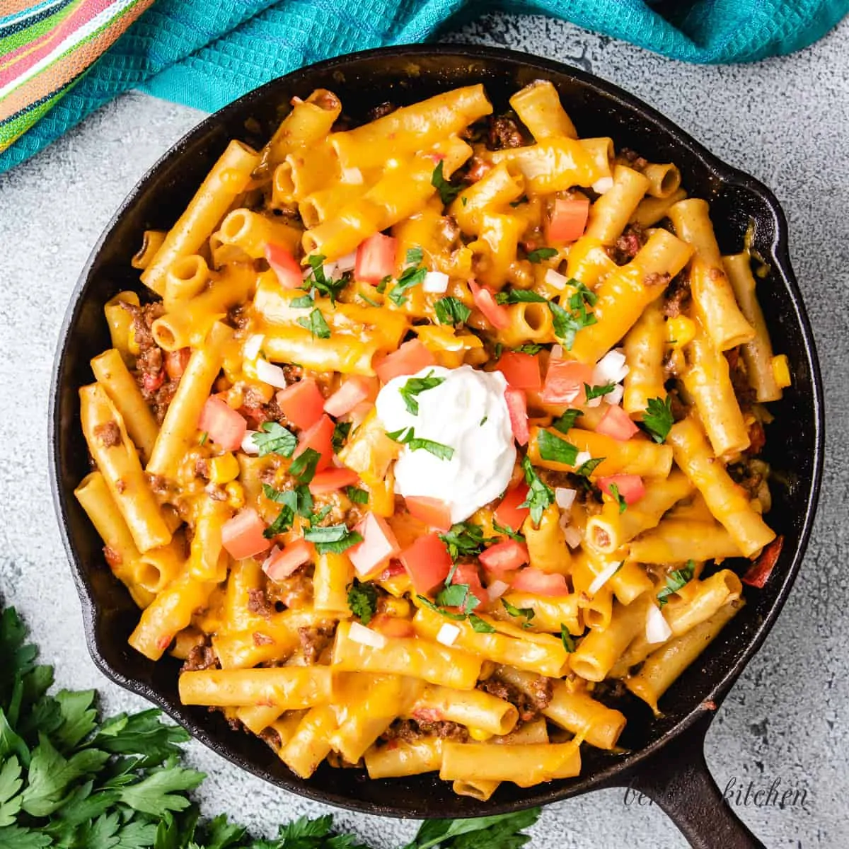 Top-view of the taco pasta in a cast iron skillet.