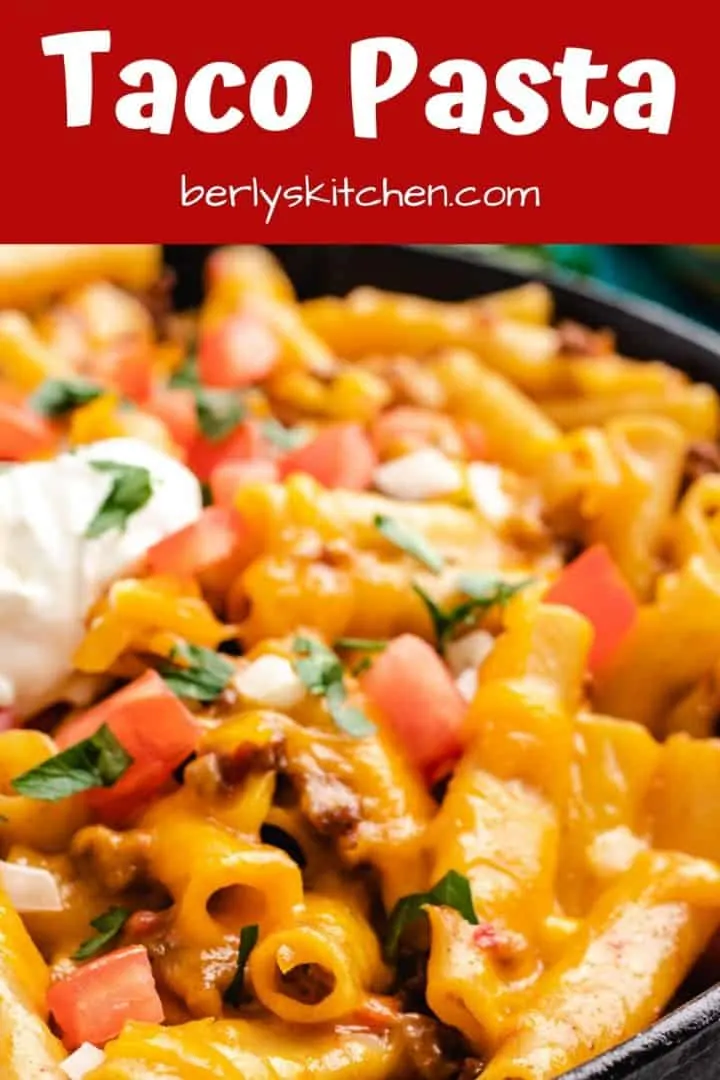 A close-up photo of the cheesy taco pasta.