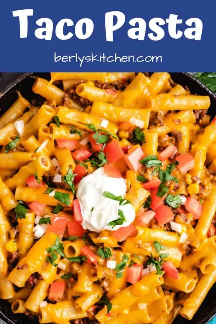 An aerial view of the savory taco pasta in a skillet.