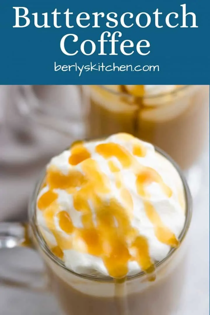 Top-down view of two butterscotch coffees in glass mugs.