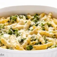 The finished broccoli cheese pasta bake topped with melted parmesan.