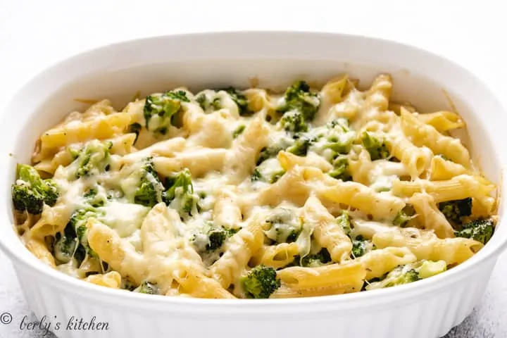 The finished broccoli cheese pasta bake topped with melted parmesan.