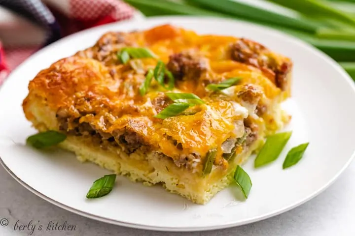 A serving of the crescent roll breakfast casserole on a plate.