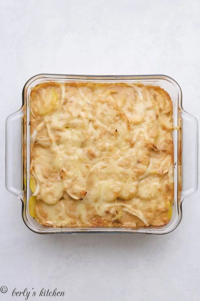 The potato side dish has baked and needs to cool.