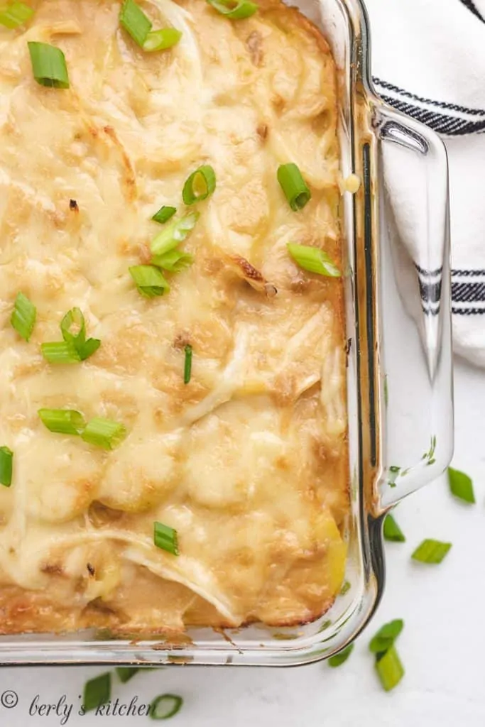 An aerial view of the casserole in a baking dish.