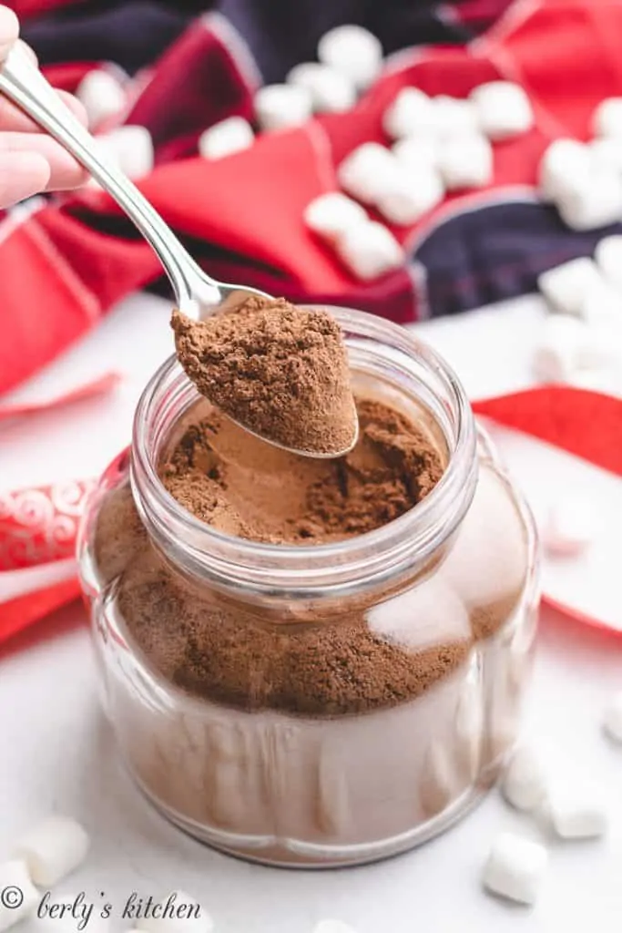 Hot chocolate mix on a spoon.