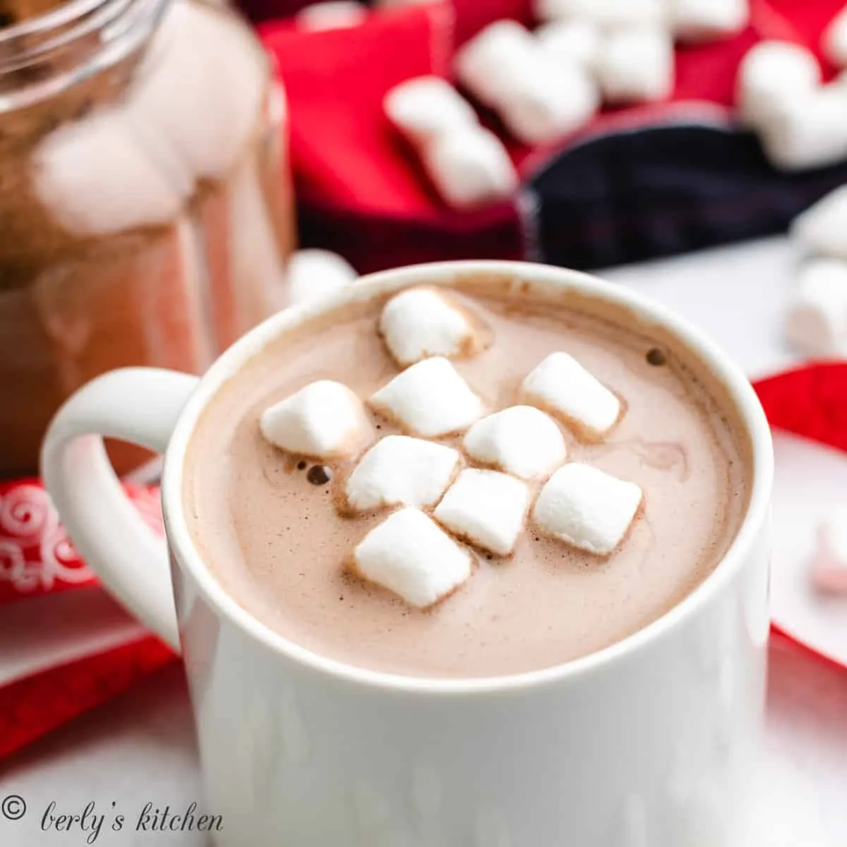 Mug of hot chocolate next to mix.