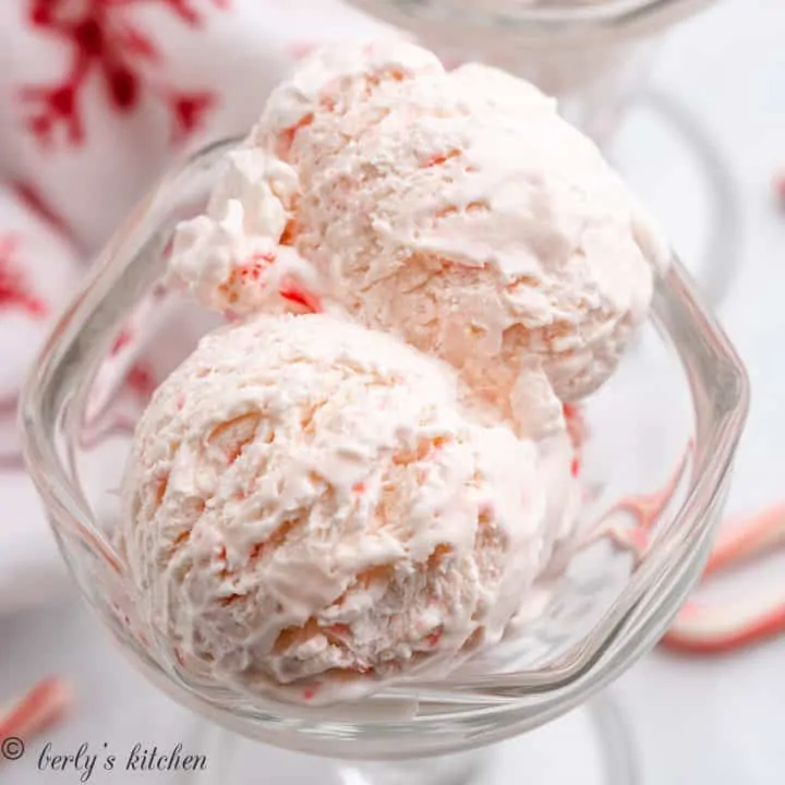 Three scoops of the peppermint ice cream in a tulip glass.