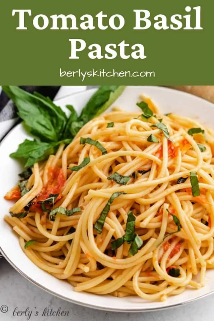 A bowl of tomato basil pasta garnished with fresh basil.