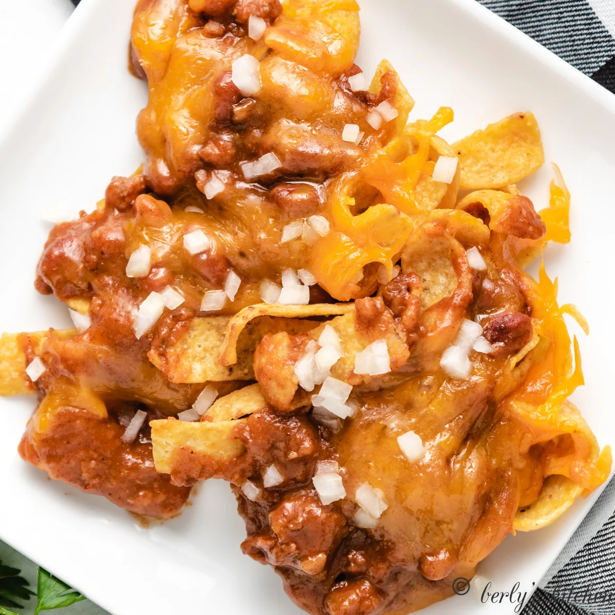 An aerial view of the frito pie on a plate.