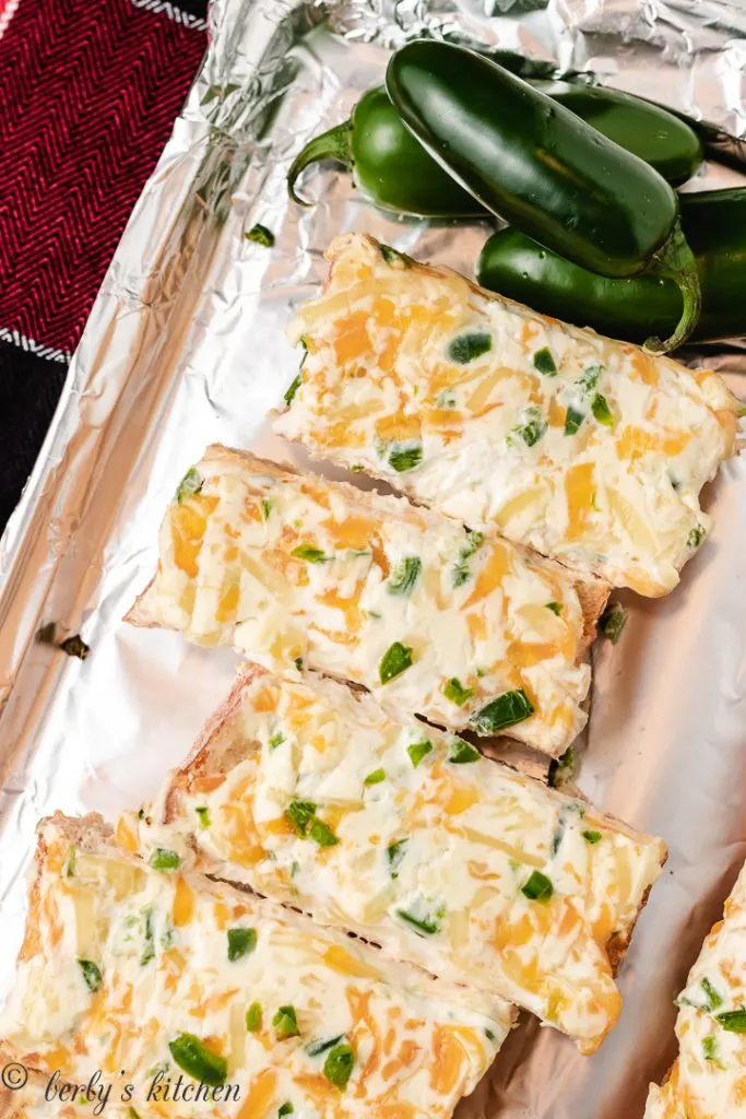 An aerial view of the fresh baked cheese bread.