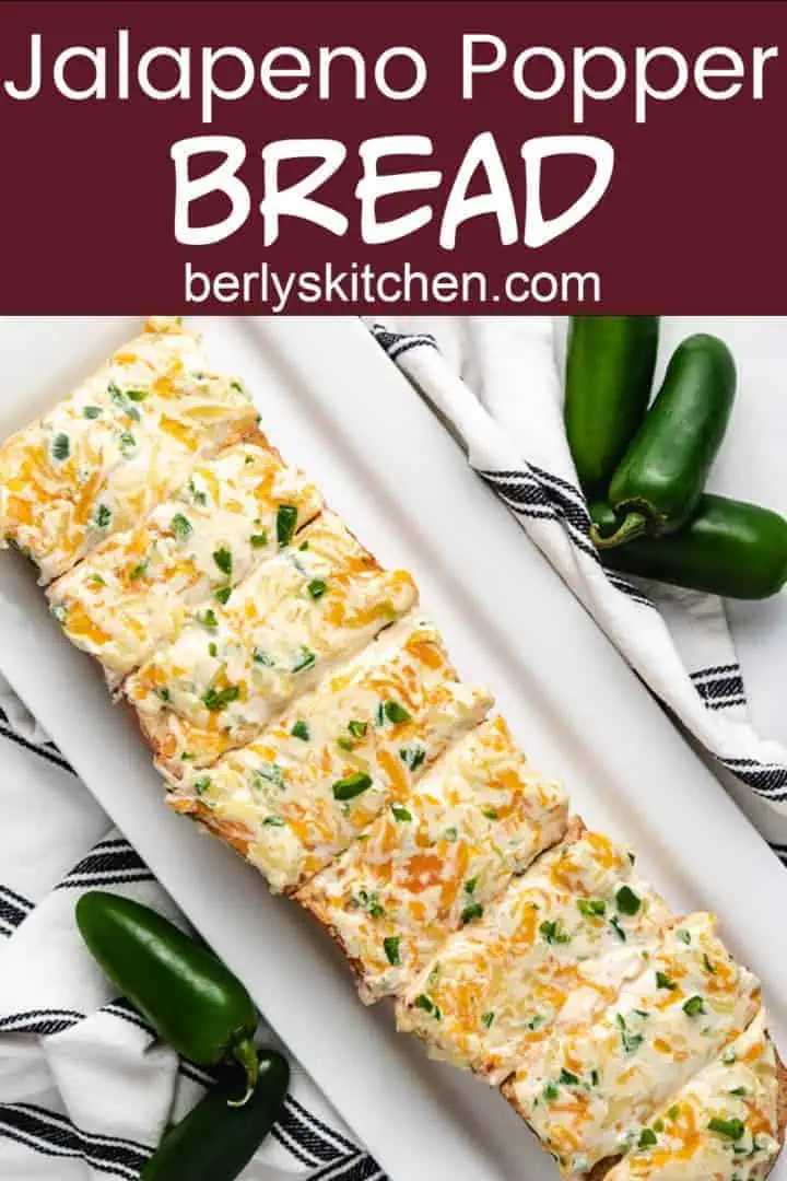 An aerial view of the jalapeno popper bread on a platter.