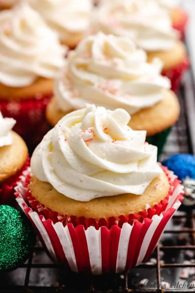 A close-up view of the finished mint cupcakes.