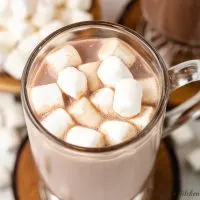 An aerial view of the rumchata hot chocolate with marshmallows.