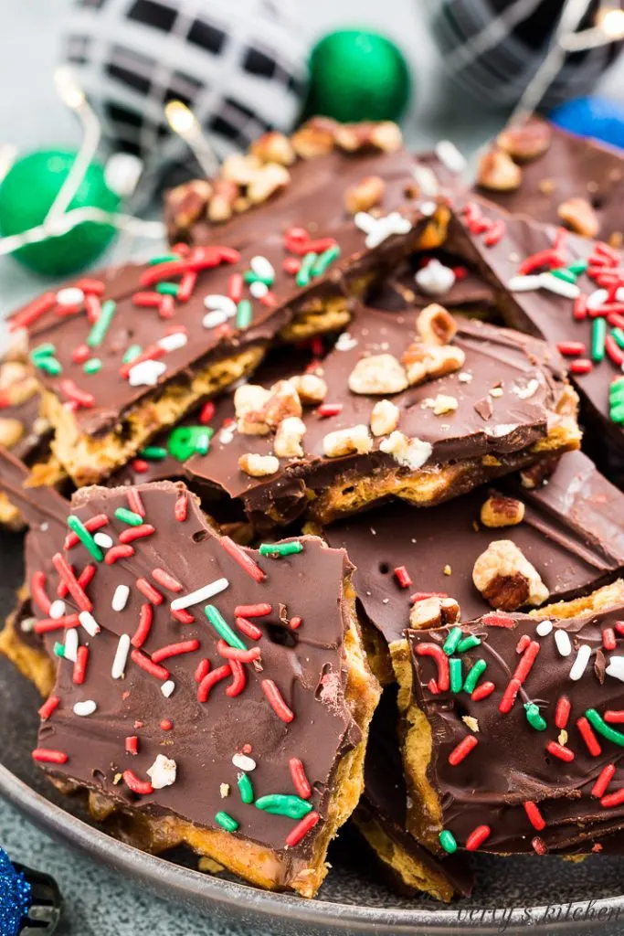 An aerial view of the holiday candy in a bowl.