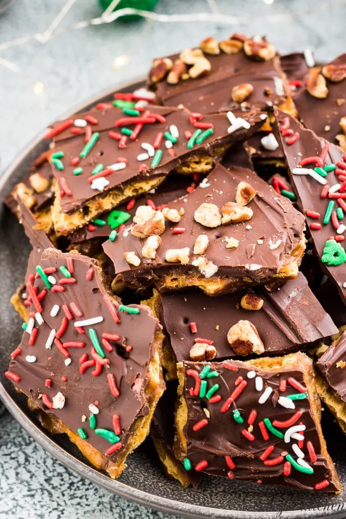 Close up view of saltine cracker candy on a plate.