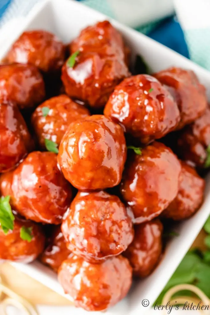 Close up of bbq meatballs in a dish.