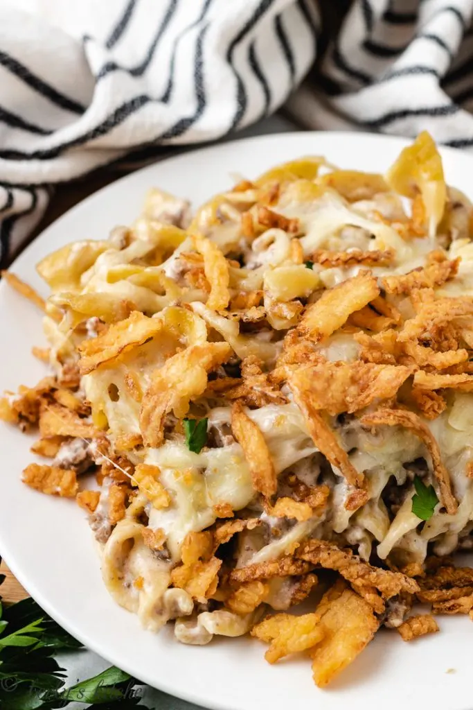 Close up of onion beef casserole on a dish.