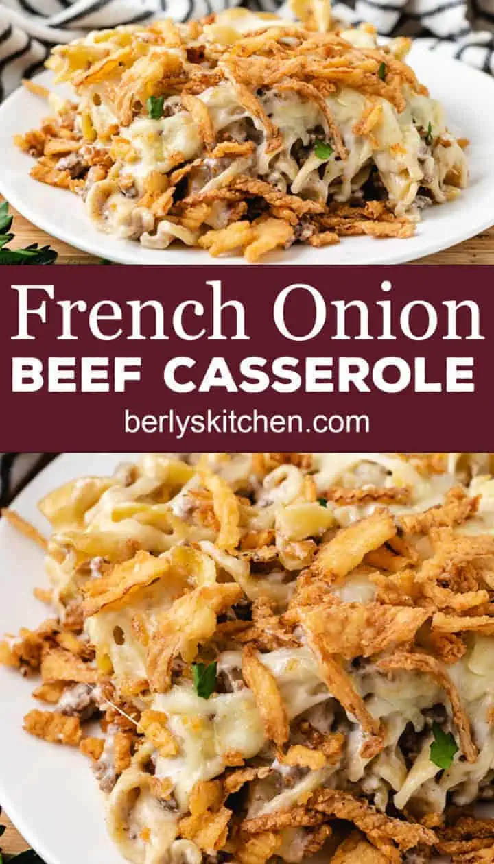 Two photos of french onion beef casserole in a collage.