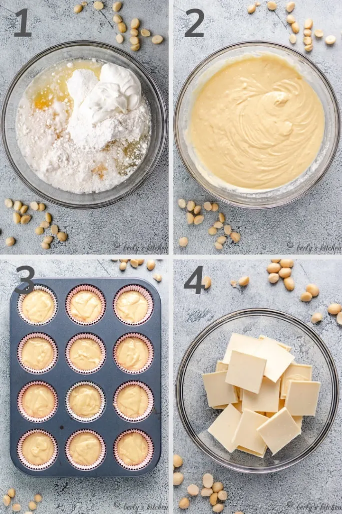 Collage style photo showing how to make macadamia cupcake batter.