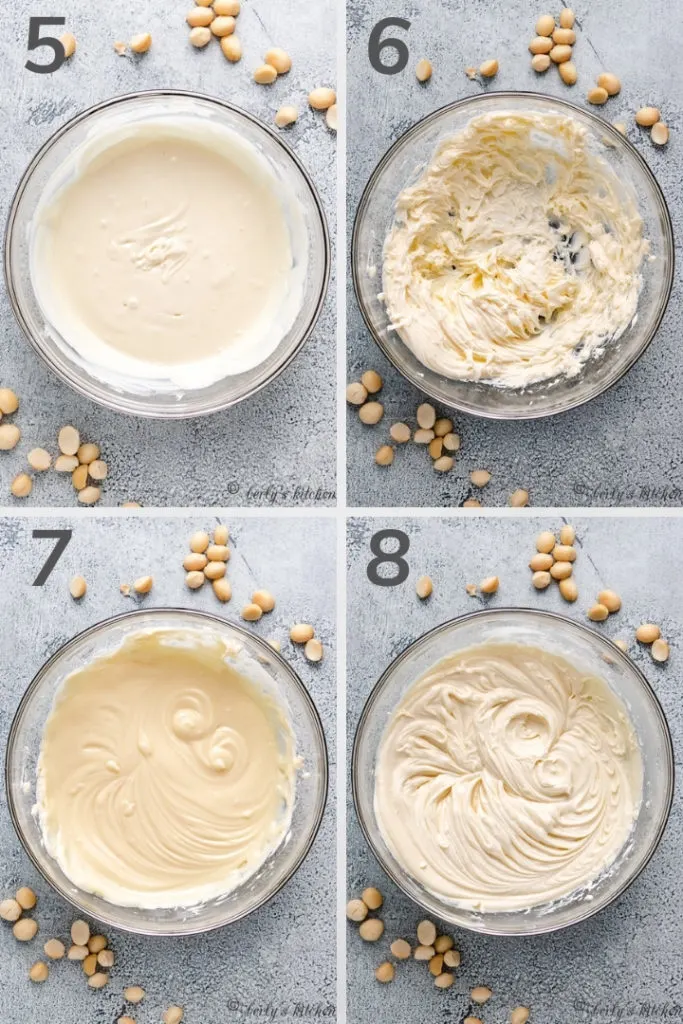 Collage style photo showing how to make white chocolate frosting.