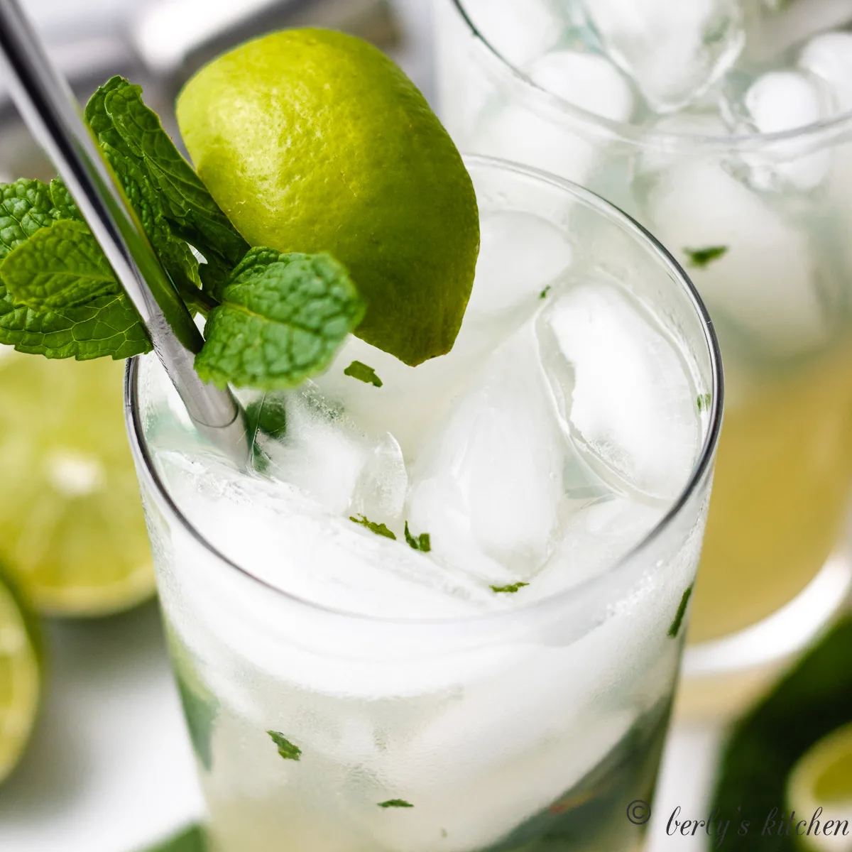 An aerial view of the a finished mojito in a glass.