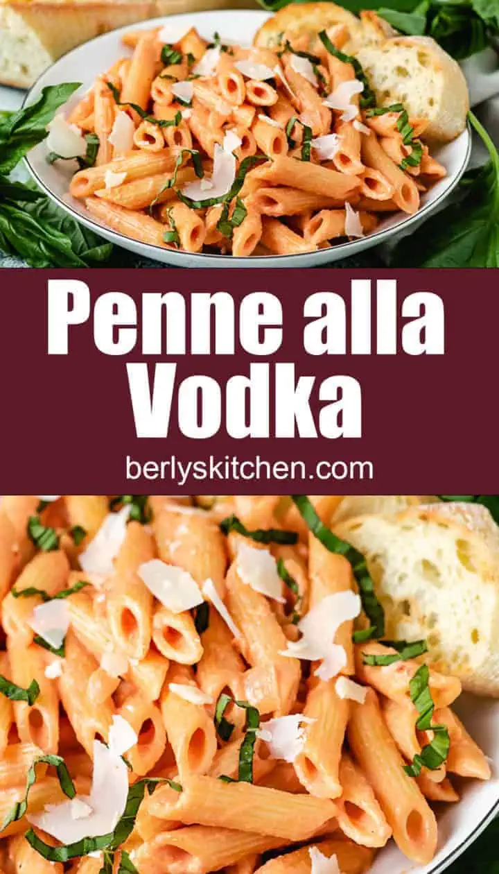 Collage style photo with two bowls of penne with vodka sauce.