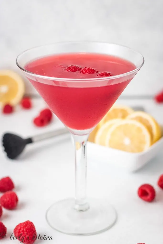 Raspberry martini with chambord in a martini glass.