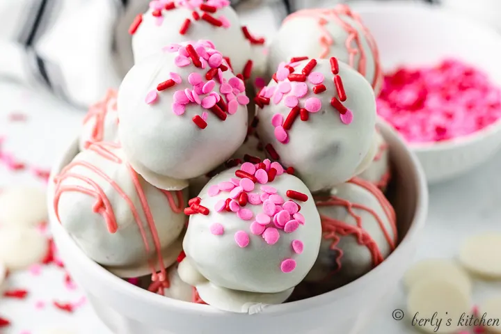 Red velvet truffles with sprinkles