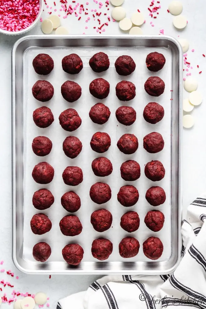 Cake balls on a pan.