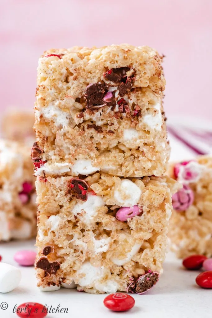 Valentine's day rice krispie treats stacked.